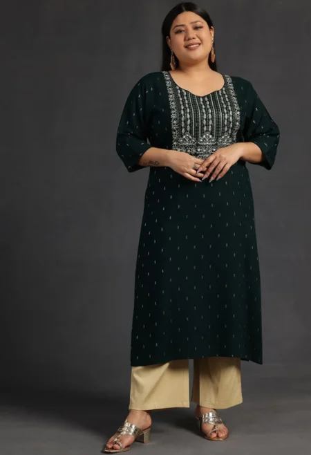 Memsaab Green Thread Work Dobby Straight Kurta