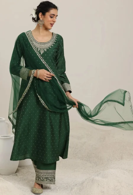 Memsaab Green and Gold-Toned Embroidered Kurta Set