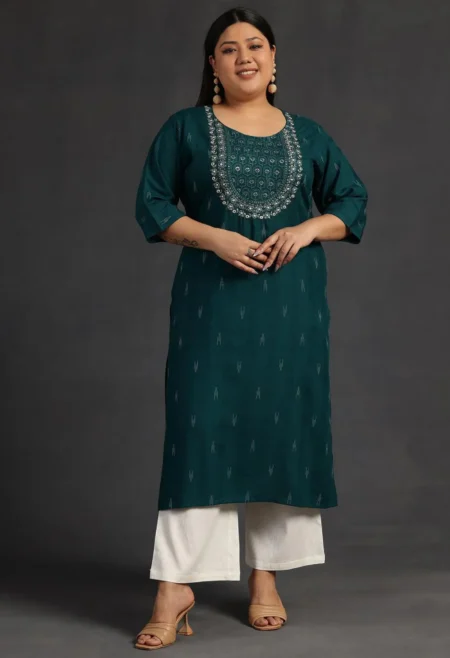 Memsaab Green and White Sequined Straight Kurta