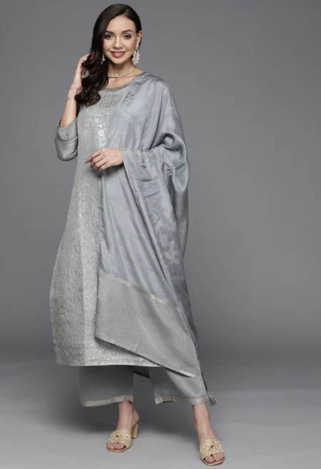 Memsaab Grey Woven Design Silk Straight Kurta Set