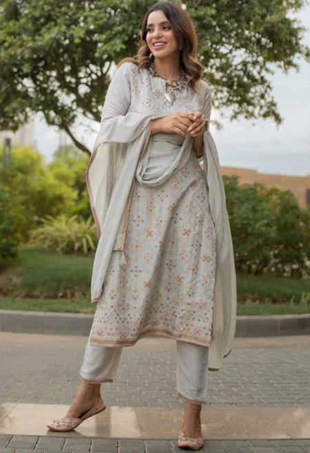 Memsaab Grey Woven Design Silk Suit Set