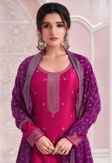 Memsaab Hot Pink Thread Embroidered Silk Suit Set