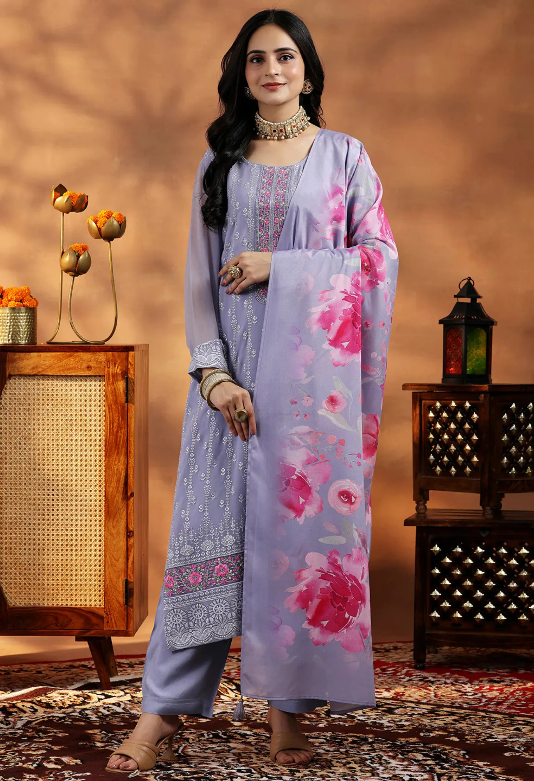 Memsaab Graceful Lavender Thread Work Kurta Set