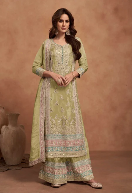 Memsaab Lime Green Embroidered Silk Suit