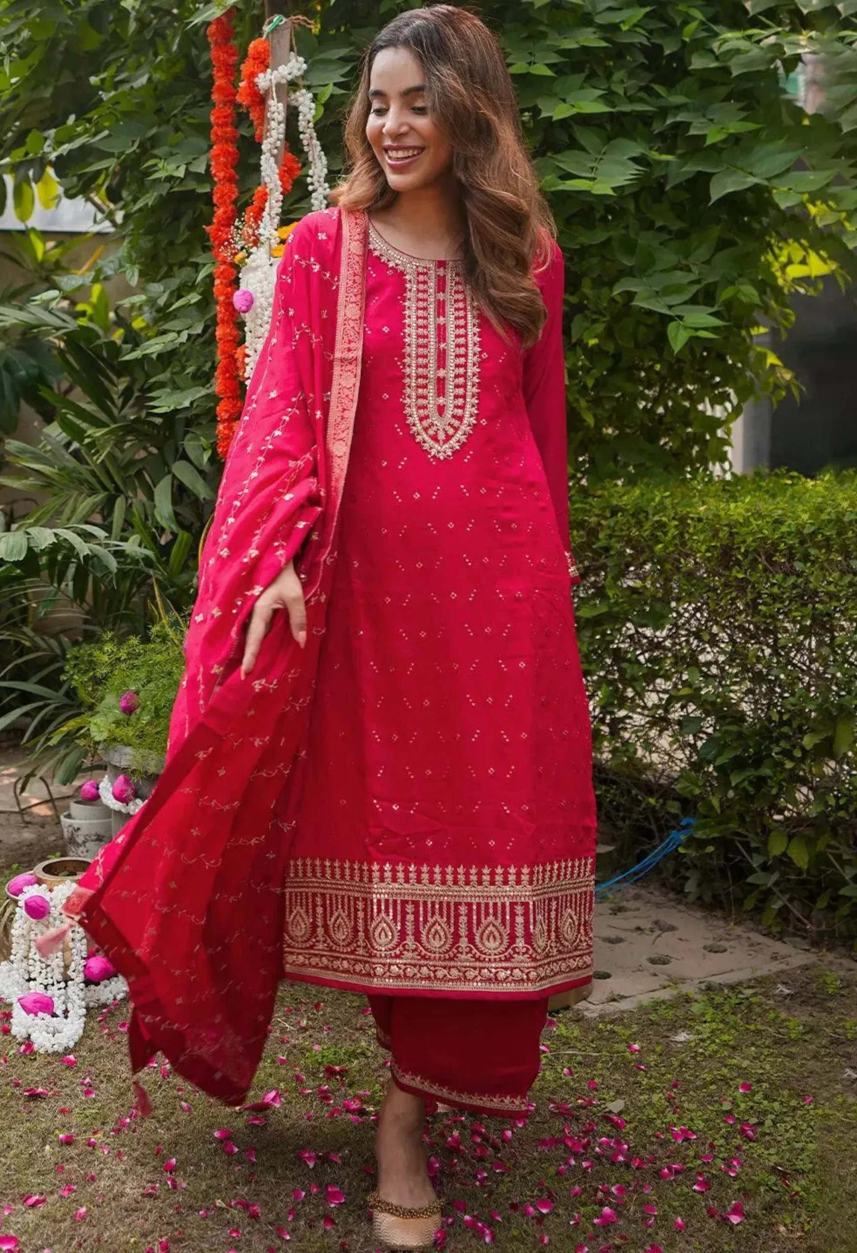 Memsaab Luxe Magenta Embroidered Kurta Set