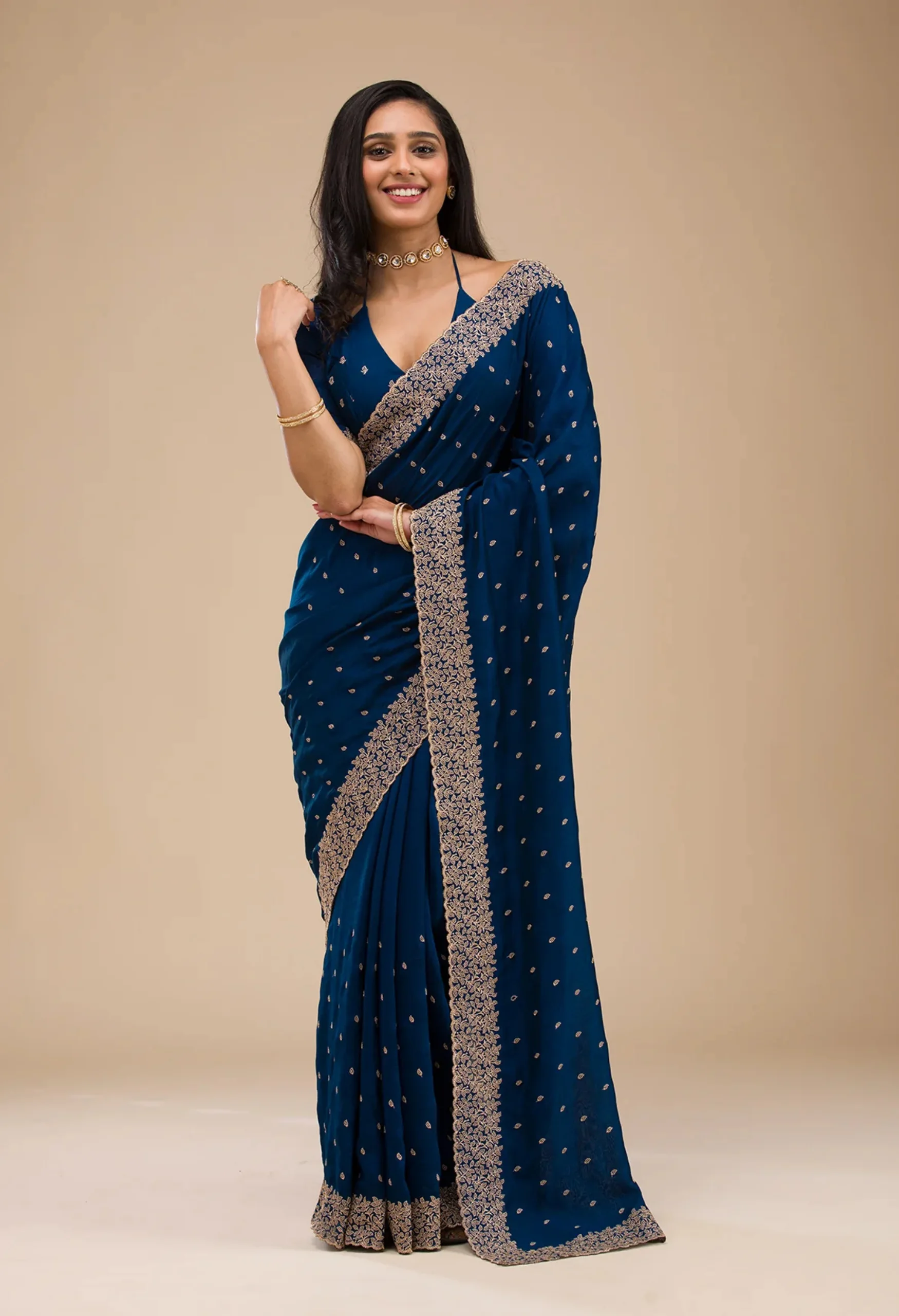 Memsaab Luxe Navy Blue Zariwork Silk Saree