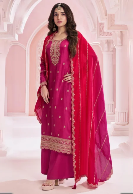 Memsaab Magenta Embroidered Silk Sharara Suit