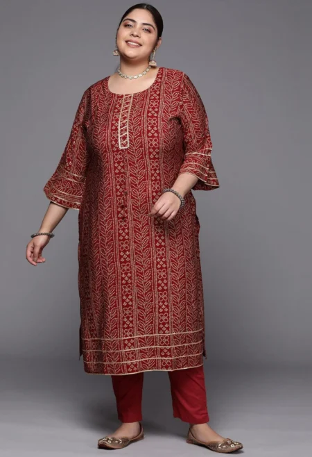 Memsaab Maroon Bandhani Printed Bell Sleeves Gotta Patti Kurta