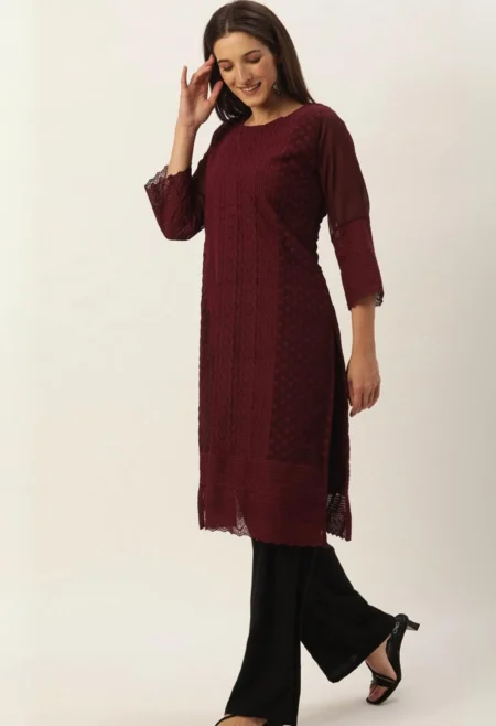 Memsaab Maroon Embroidered Chikankari Georgette Kurta