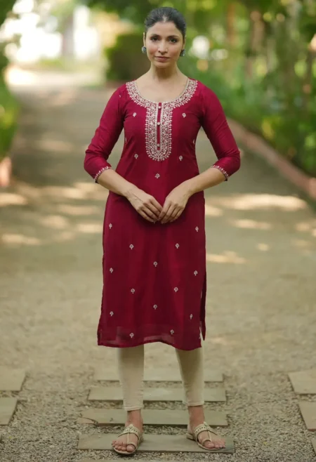 Memsaab Maroon Embroidered Silk Kurta