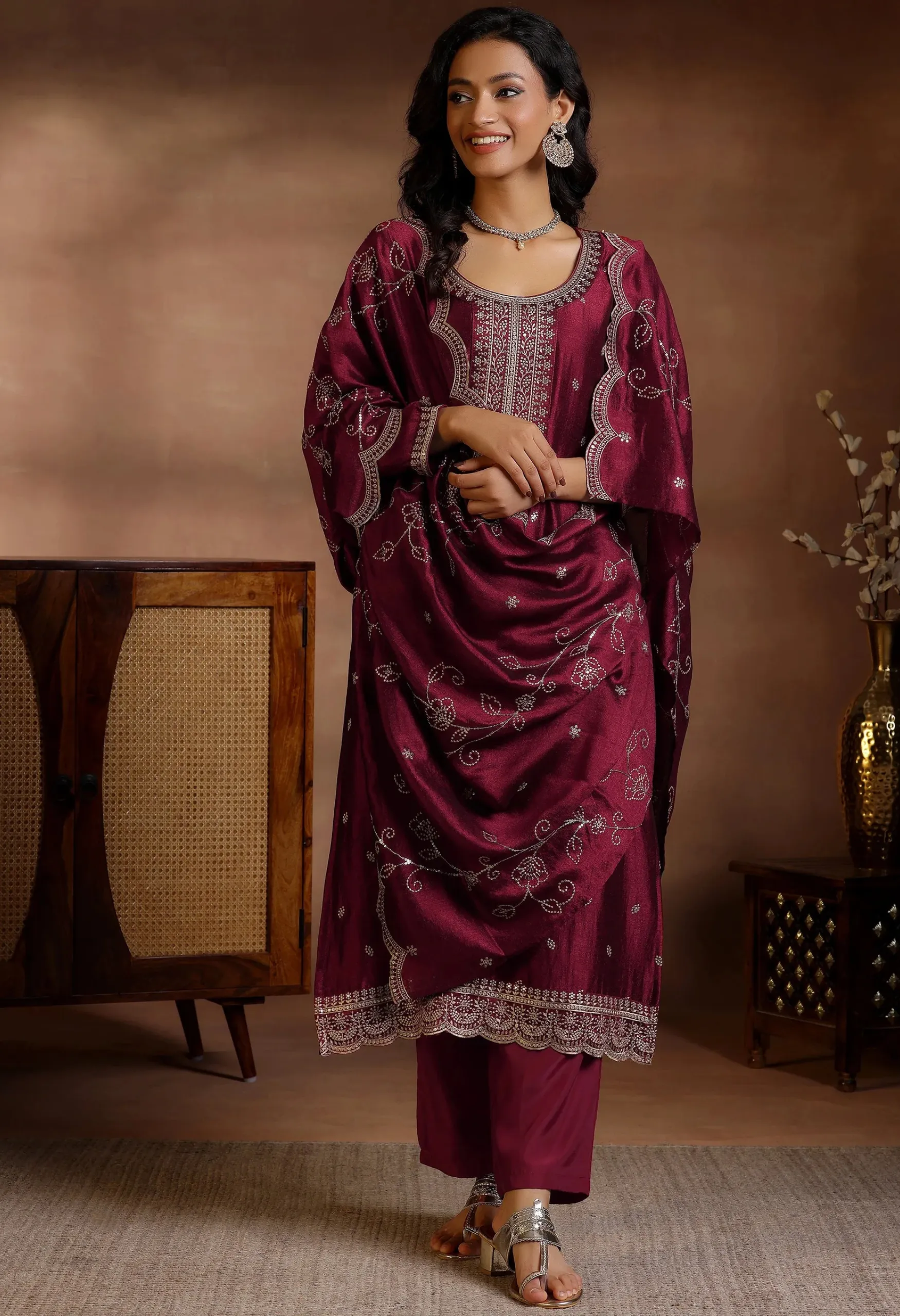 Memsaab Maroon Embroidered Silk Kurta Set