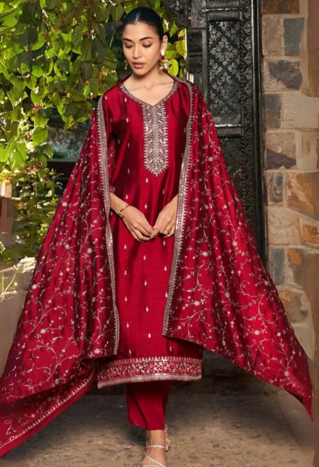 Memsaab Maroon Embroidered V-Neck Silk Suit Set