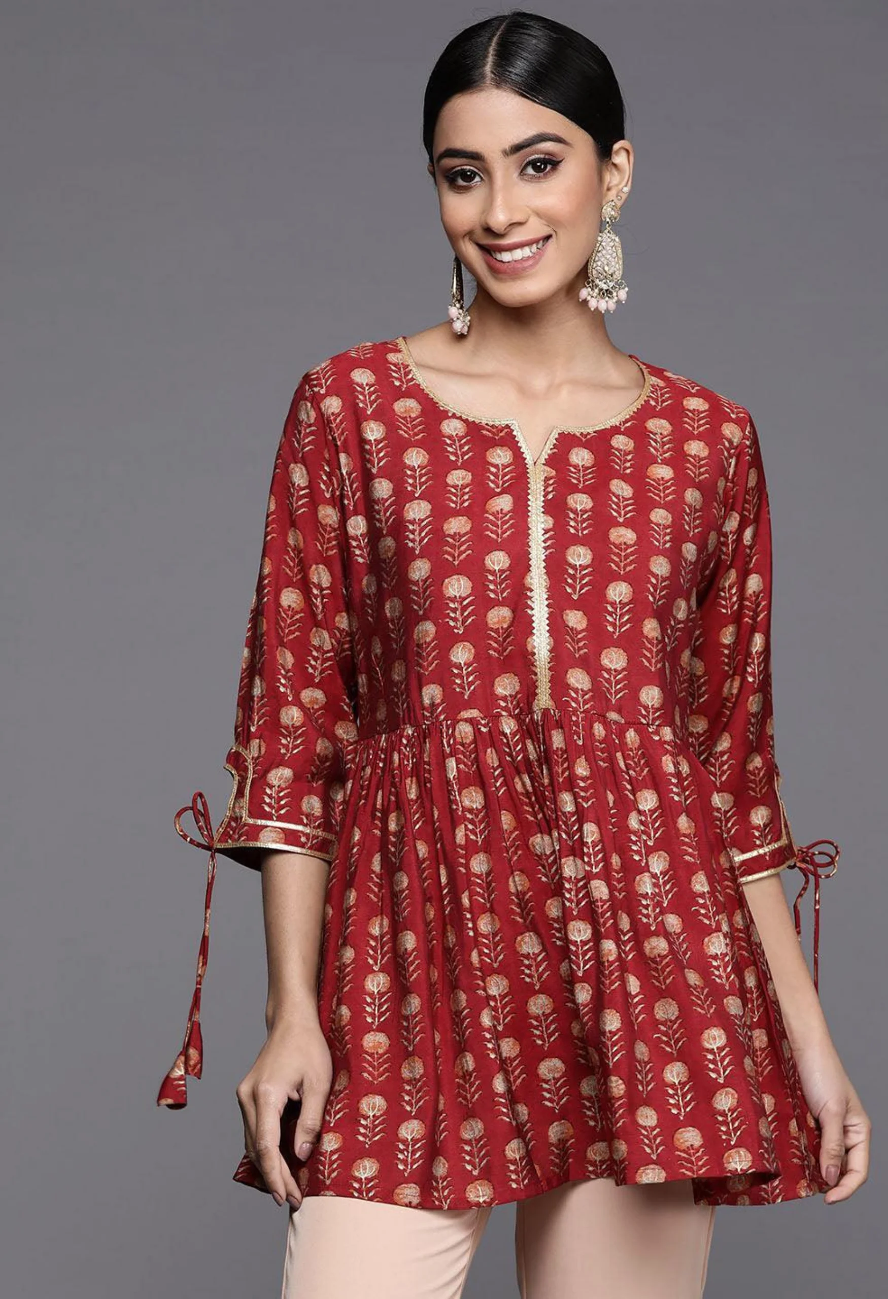Memsaab Maroon Floral Silk Blend A-Line Kurti