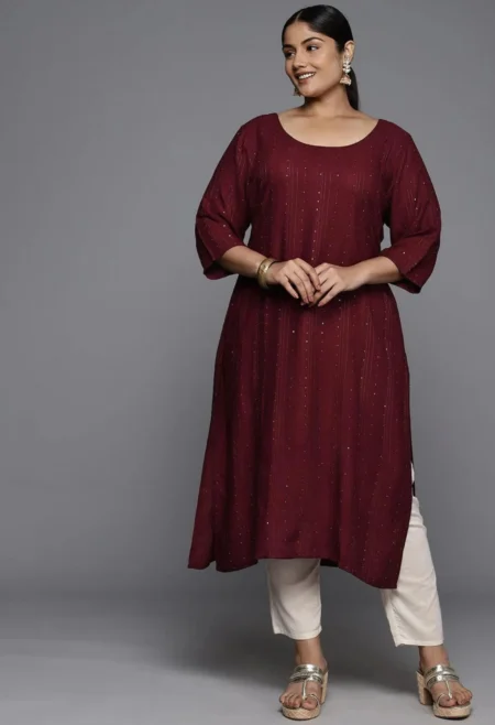 Memsaab Maroon Plus Size Embroidered Sequinned Kurta