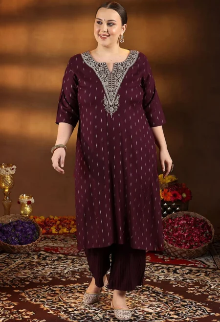 Memsaab Maroon Plus Size Floral Thread Work Kurta