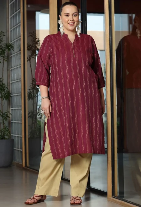 Memsaab Maroon Plus Size Jacquard Kurta