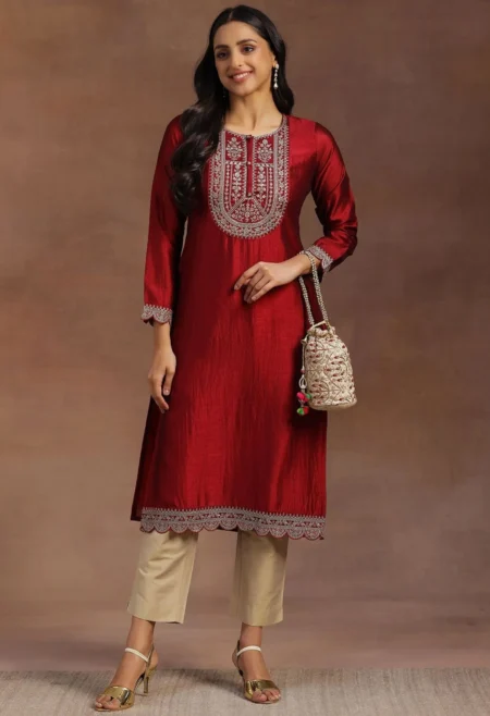 Memsaab Maroon Yoke Design Embellished Kurta