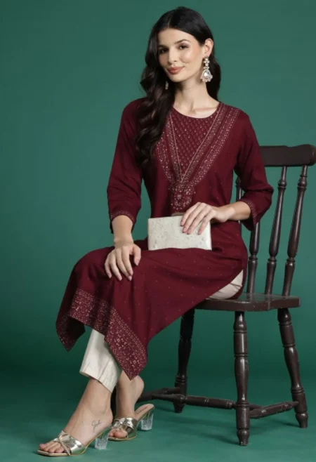 Memsaab Maroon and Gold Foil Printed Sequined Kurta