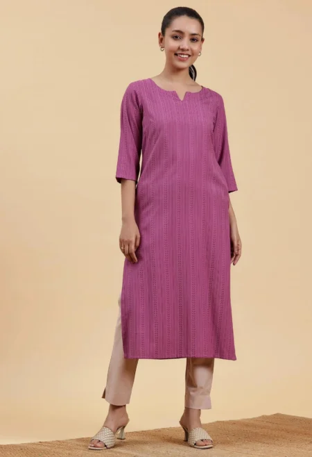 Memsaab Mauve Striped Rayon Straight Kurta