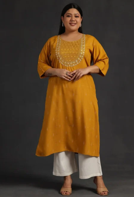 Memsaab Mustard Design Thread Work Straight Kurta