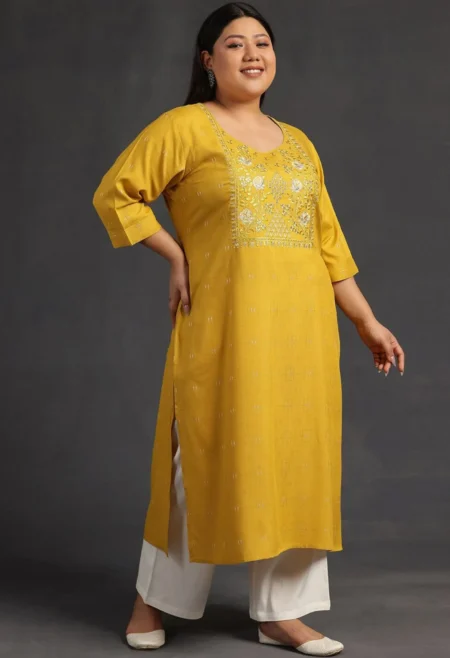 Memsaab Mustard Design Thread Work Straight Kurta