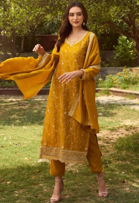 Memsaab Mustard Embroidered Kurta Set