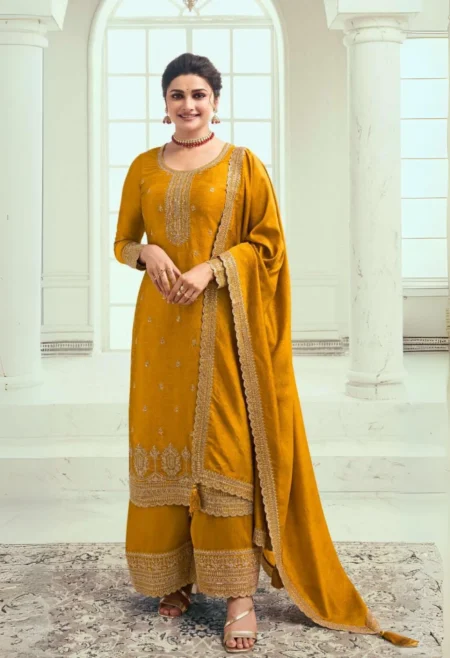 Memsaab Mustard Embroidered Palazzo Suit Set