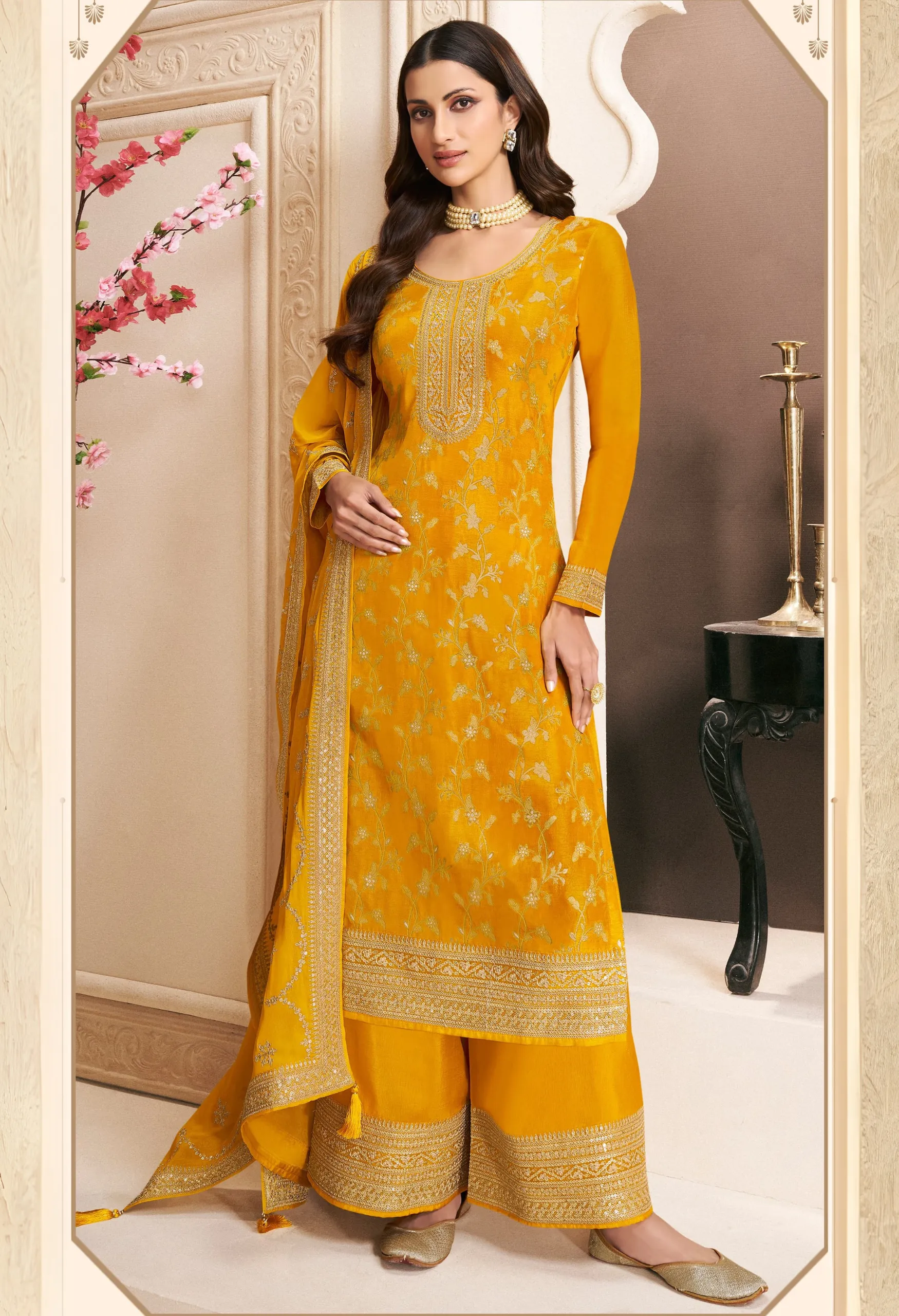 Memsaab Mustard Embroidered Palazzo Suit