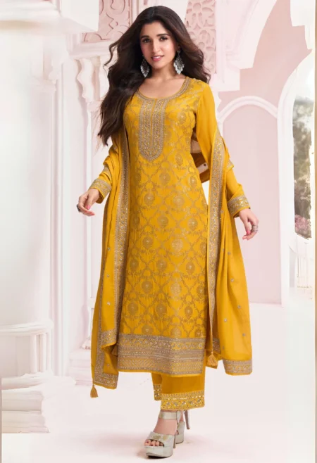 Memsaab Mustard Embroidery Silk Suit Set