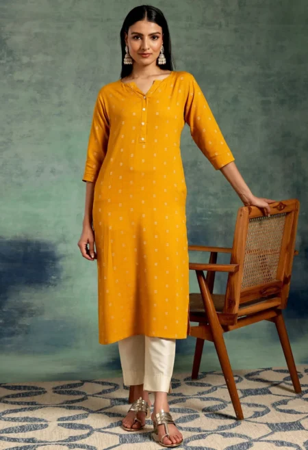 Memsaab Mustard Geometric Round Notched Neck Kurta