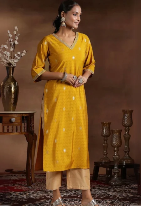 Memsaab Mustard Printed Silk Kurta