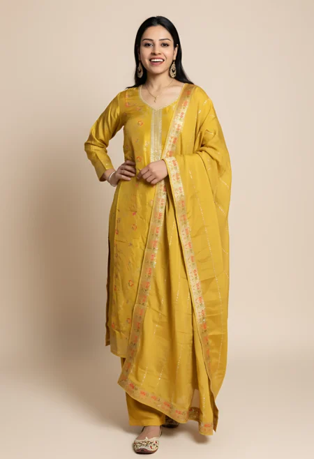 Memsaab Mustard Silk Kurta Set