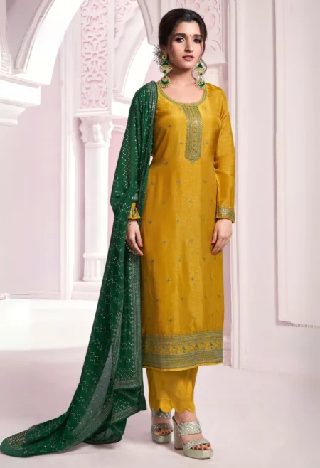 Memsaab Mustard Thread Embroidered Silk Suit Set