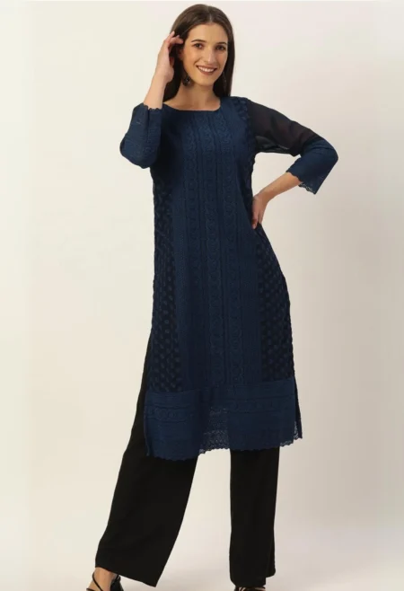 Memsaab Navy Blue Embroidered Chikankari Georgette Kurta