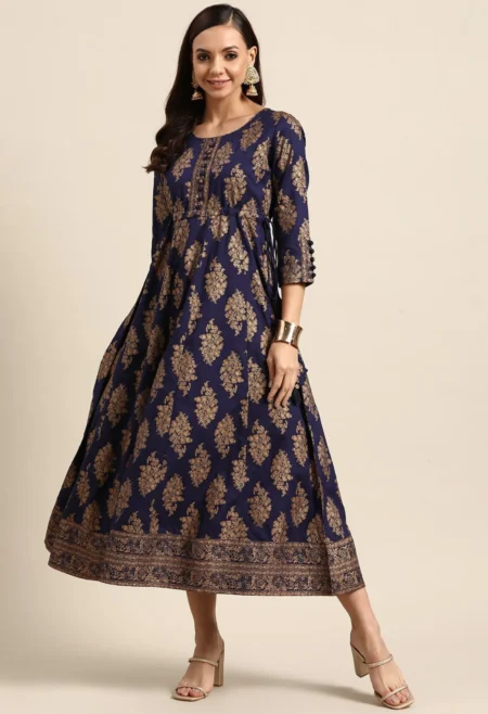 Memsaab Navy Blue Gold-Toned Ethnic Midi Dress