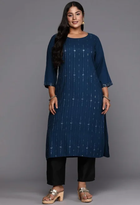 Memsaab Navy Blue Plus Size Embellished Sequinned Kurta