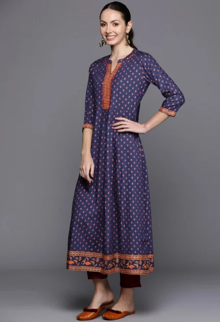 Memsaab Navy Blue and Red Foil Printed A-Line Kurta