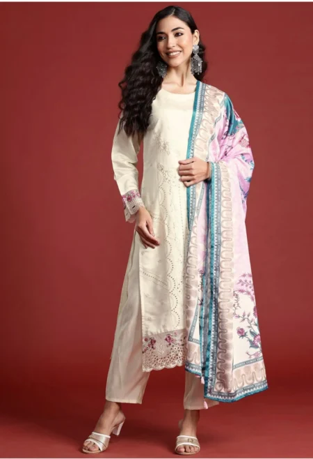 Memsaab Off White Embroidered Chanderi Silk Kurta Set