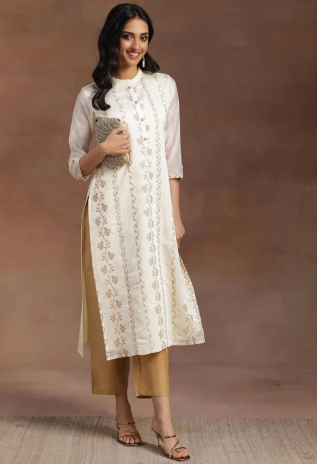 Memsaab Off White Embroidered Chanderi Silk Straight Kurta