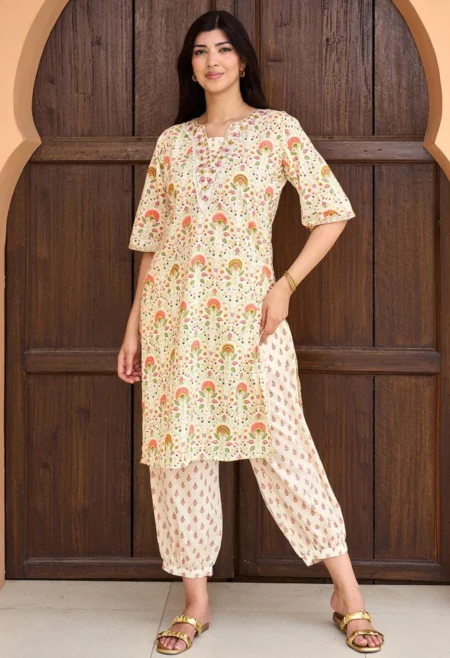 Memsaab Off White Printed Cotton Kurta and Palazzo Set