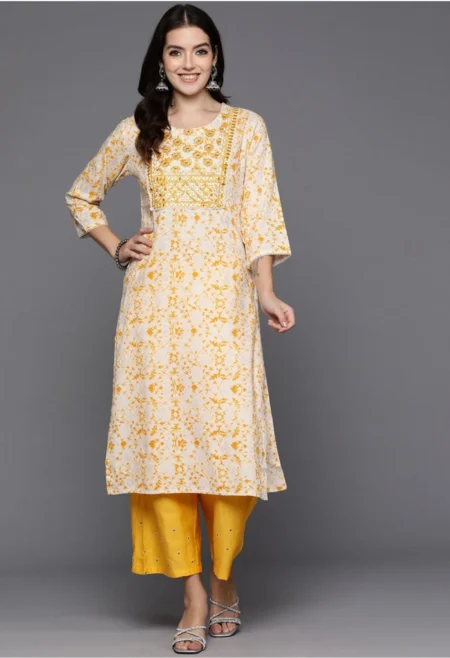 Memsaab Off White and Yellow Mirror Work Kurta