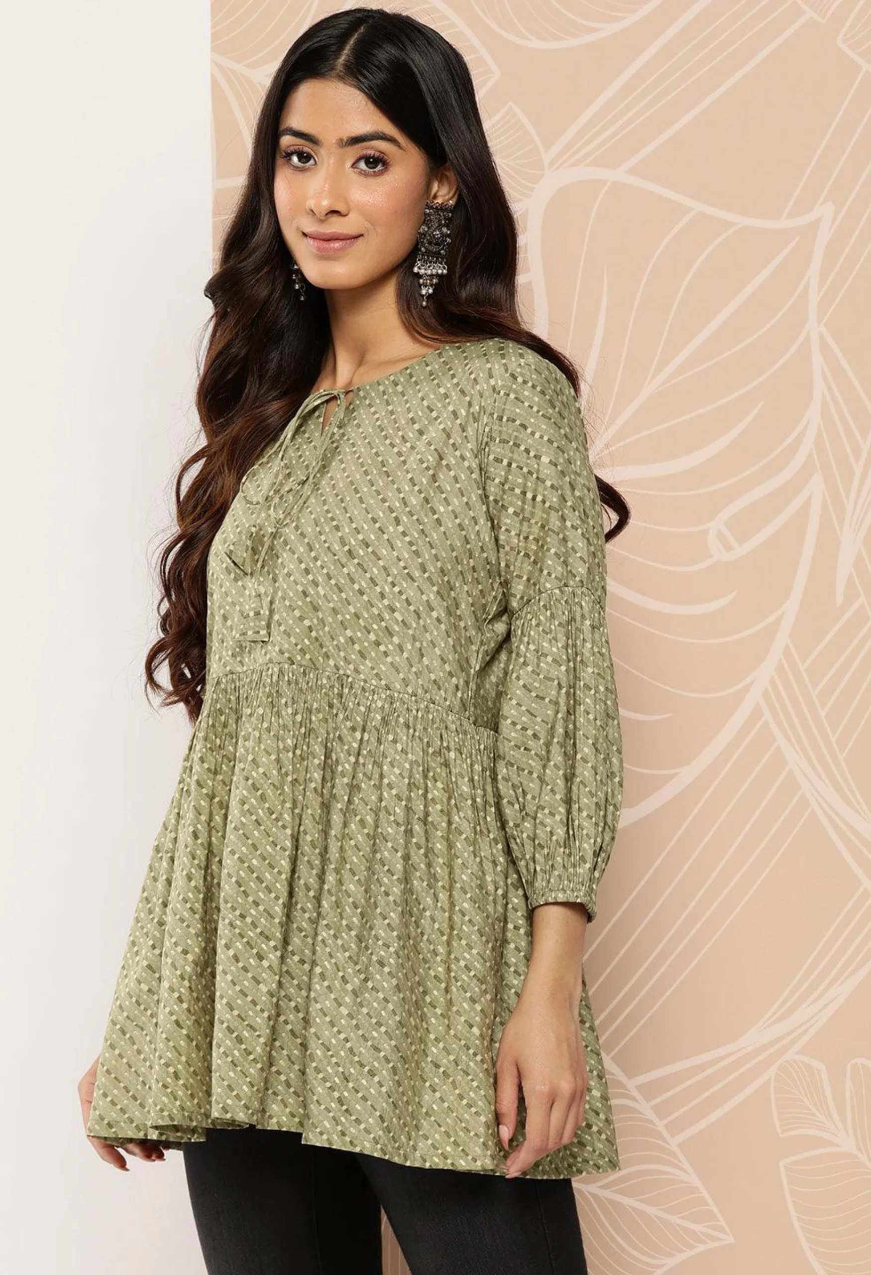 Memsaab Olive Striped Silk Blend A-Line Kurti