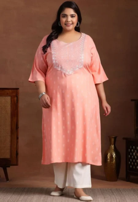 Memsaab Peach Embroidered Jacquard Straight Kurta