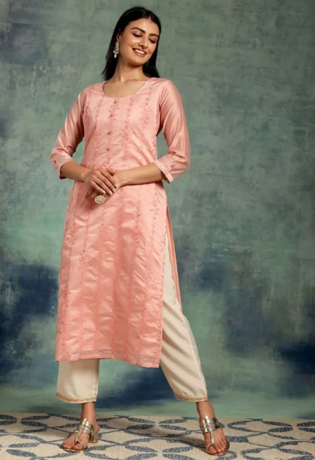 Memsaab Peach Embroidered Silk Kurta