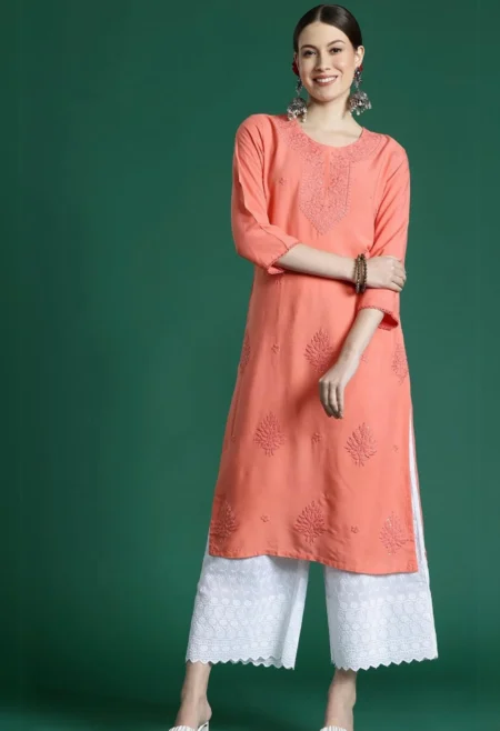 Memsaab Peach Embroidered Thread Work Kurta