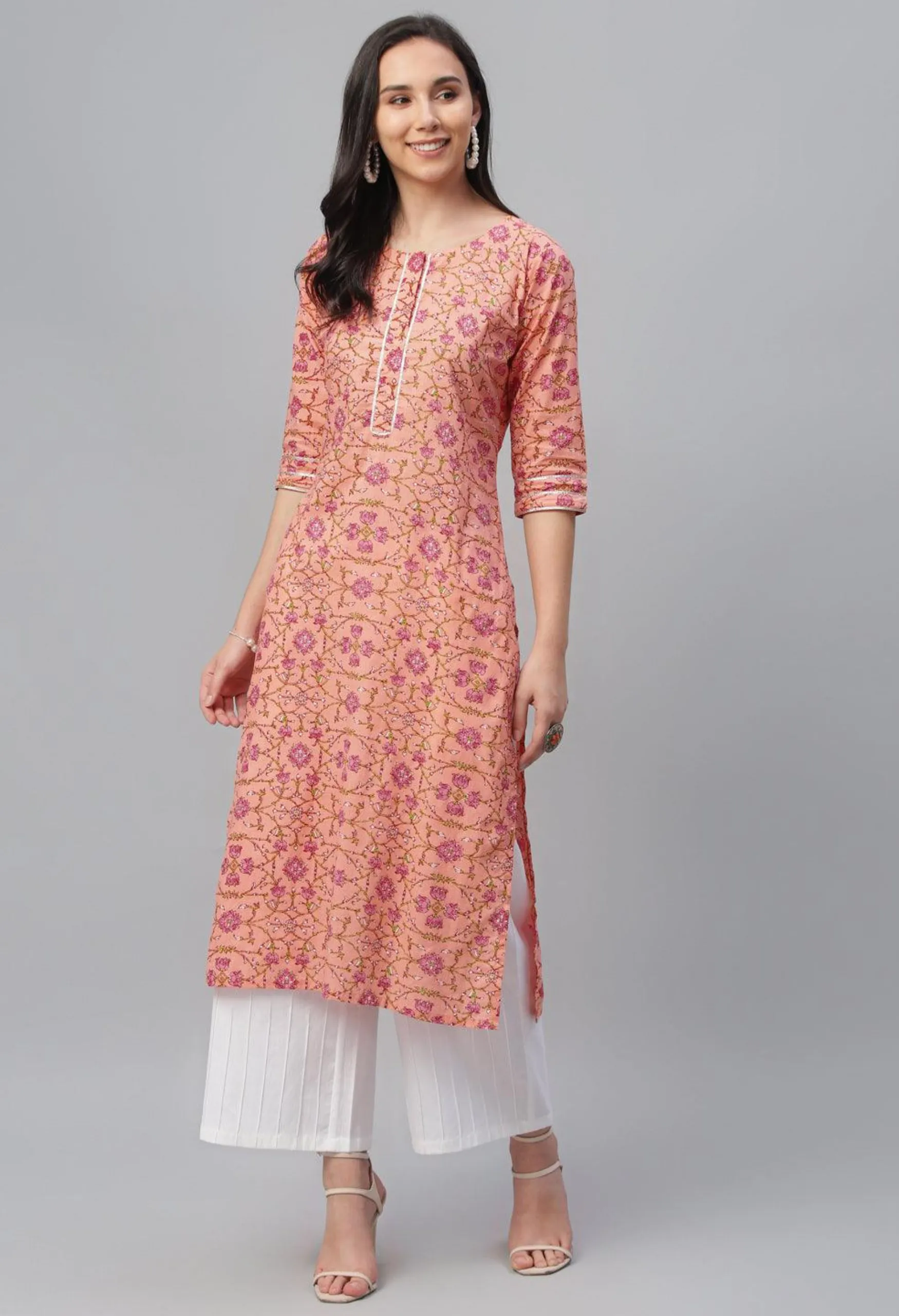 Memsaab Peach Floral Printed Cotton Kurta