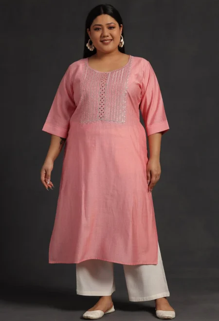 Memsaab Peach Plus Sequinned Straight Kurta