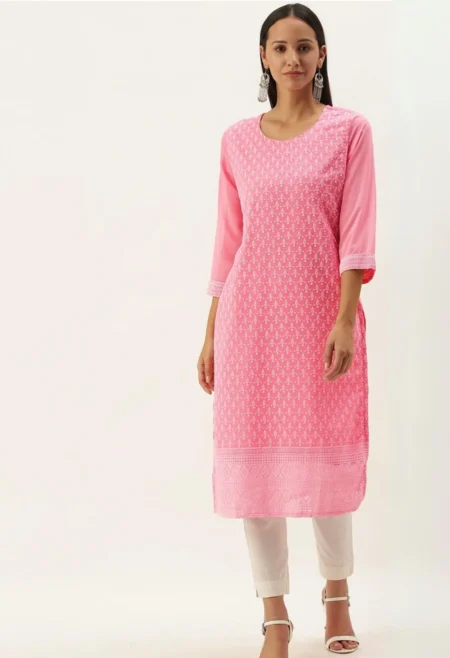 Memsaab Pink Embroidered Chikankari Georgette Kurta