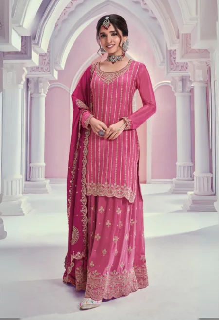 Memsaab Pink Embroidered Chinon Sharara Suit Set