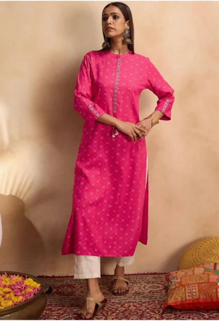 Memsaab Pink Ethnic Motifs Mirror Work Kurta